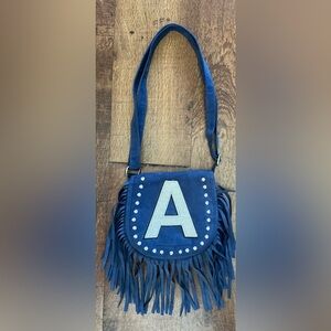 Justice girls faux suede purse with fringe sparkly A initial
